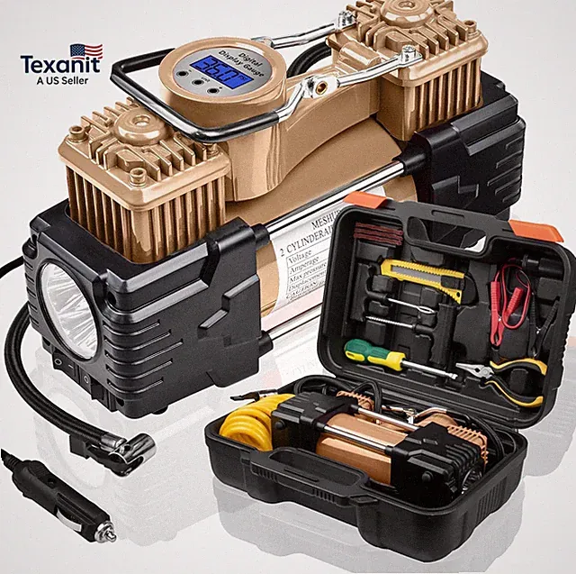 Dual Cylinder Tire Inflator Air Compressor with Tire Repair Kit and Toolbox Port